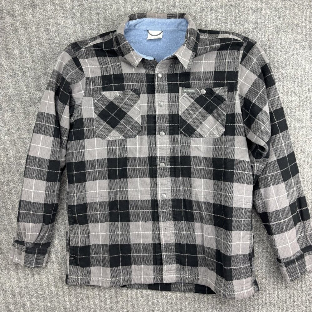 Columbia Jacket Mens Medium Gray Black Plaid Flannel Fleece‎ Lined Snap Shacket
